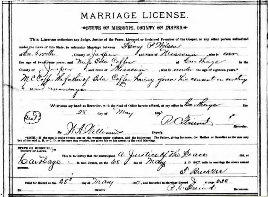 WILSON Henry m Ida Coffer 28 May 1887 Carthage MO